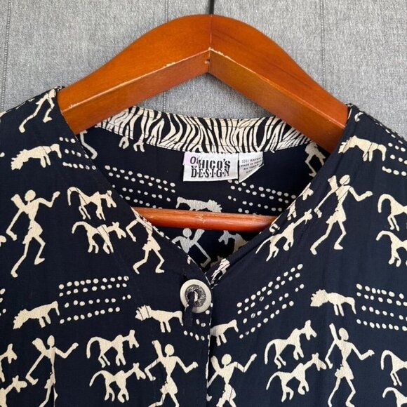 90s Vintage Chico's Black Cream Cave Art Zebra Print Silver Button Front Tunic - Picture 3 of 11